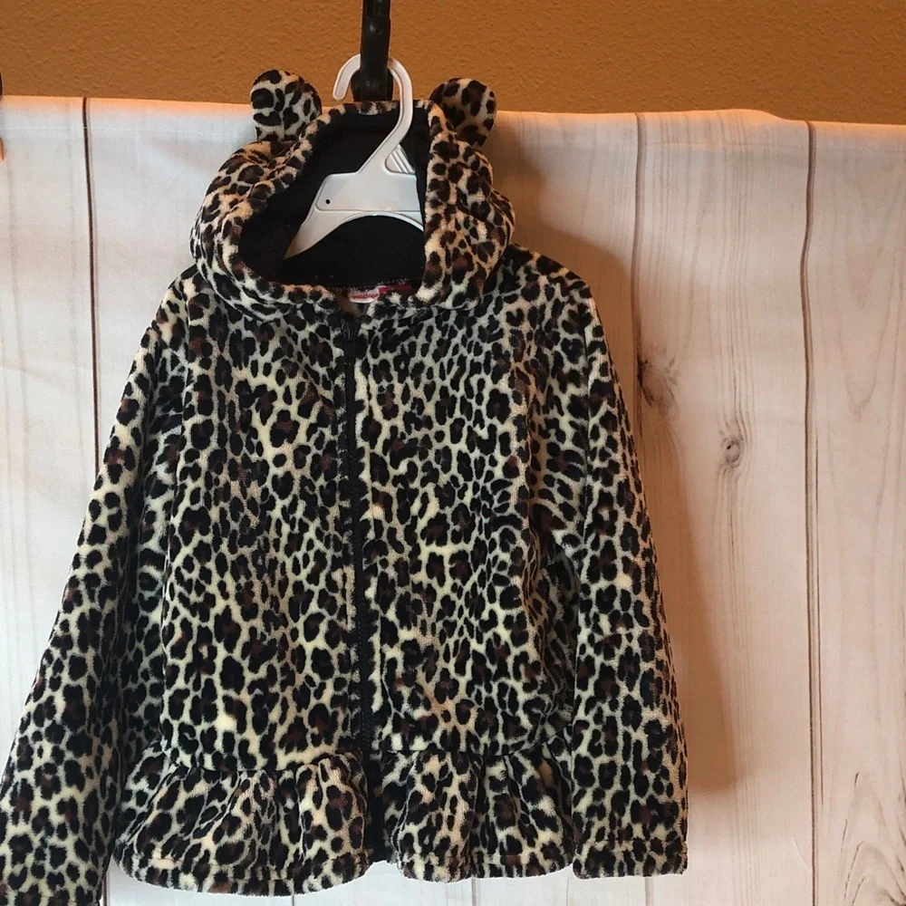 Penelope Mack Velour Leopard Print Hooded Jacket Zip Front Ruffle bottom Girls 5